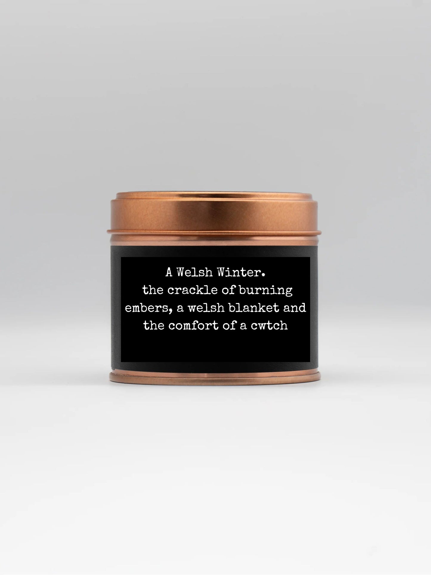 Winter Welsh Soy Candle – log fire Copper Tin
