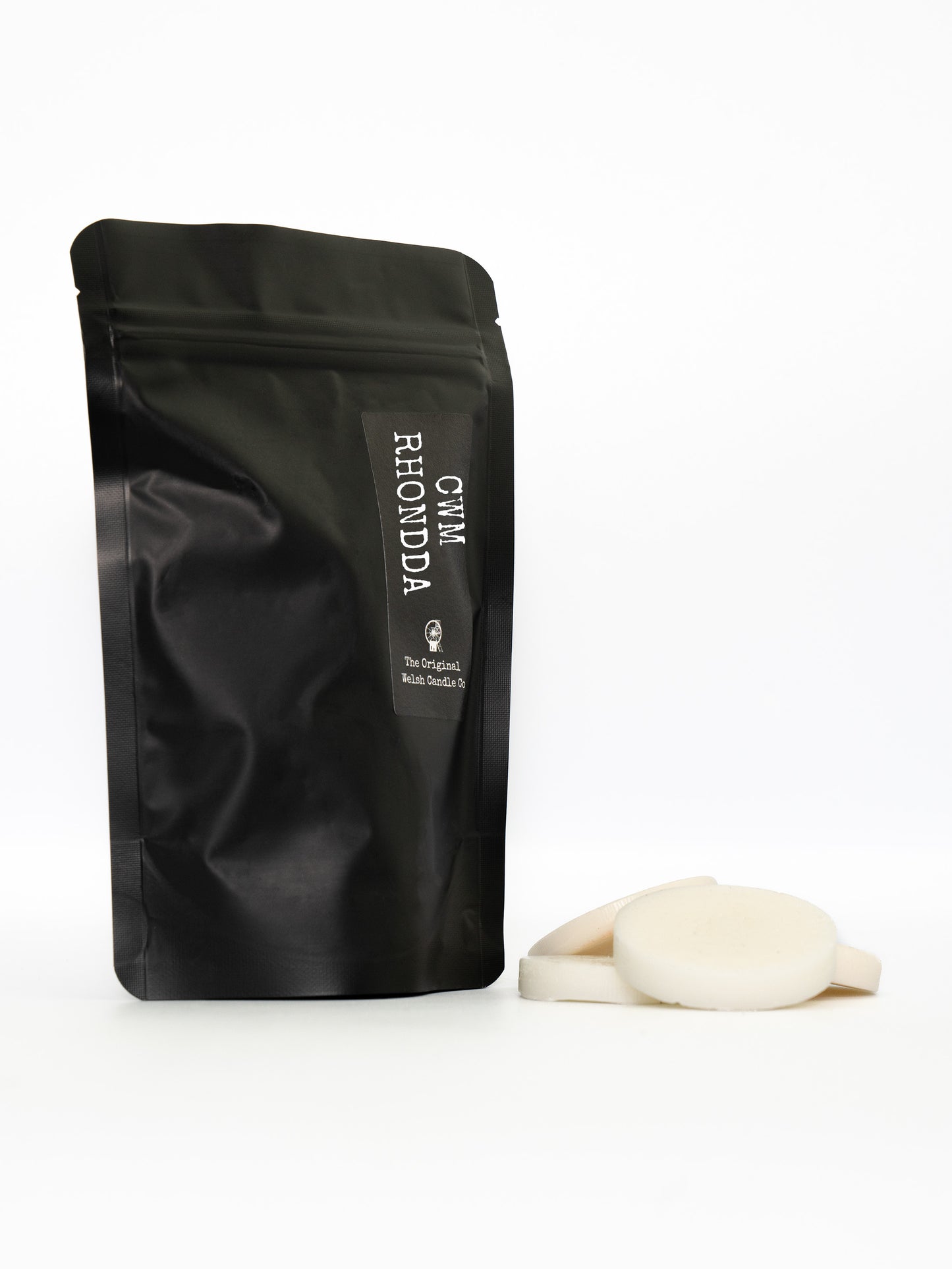 a coffee like pouch containing 6 large wax melts made with soy wax labelled with a cwm rhondda sticker